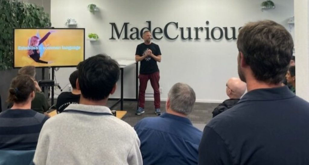 Speaking at the UX Christchurch Meetup 3 April 2025. Photo credit: Greer Farrow.