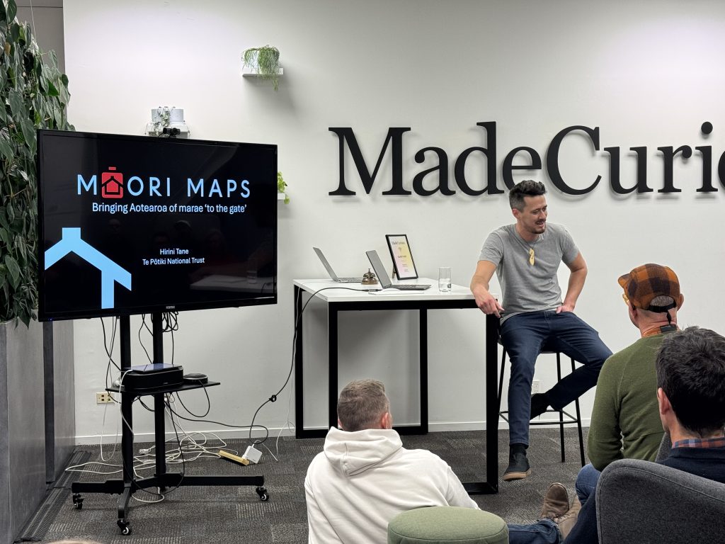 Hirini talks to the UX ChCh Meetup crowd at Made Curious about Maori Maps. Image credit: Nathaniel Flick