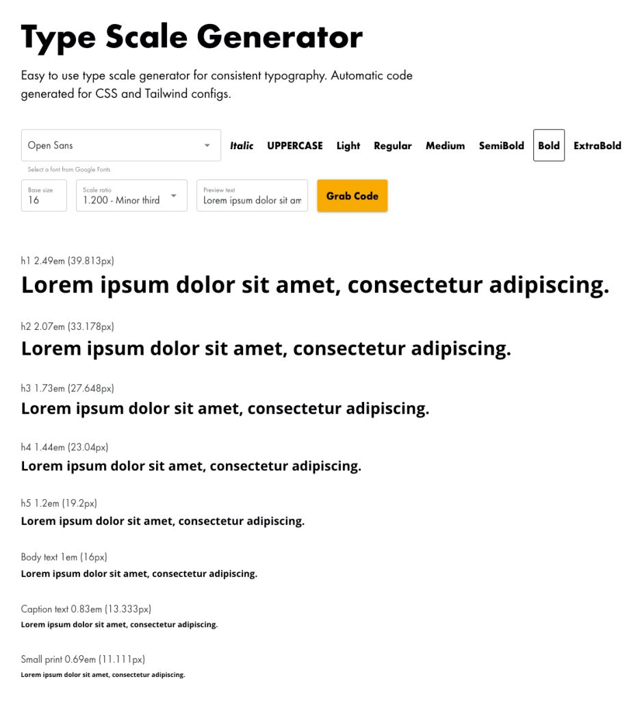 Type Scale Generator is an easy to use type scale generator for consistent typography. Automatic code generated for CSS and Tailwind configs.