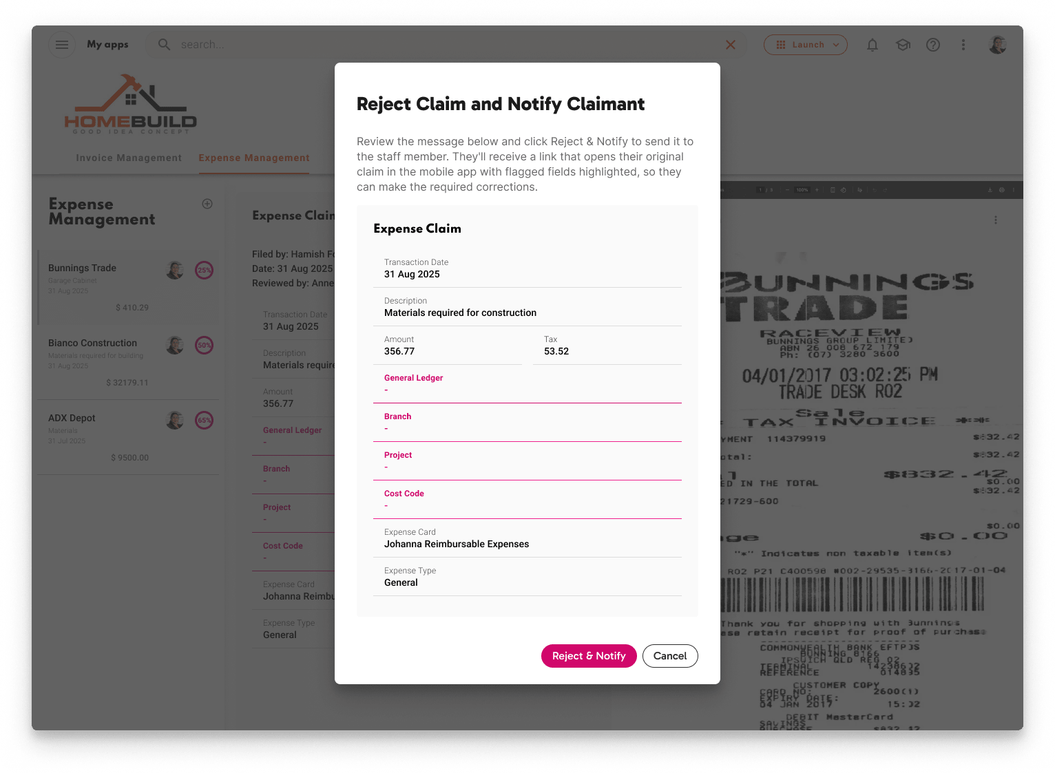 Expense Claim - Reject and Notify Modal
