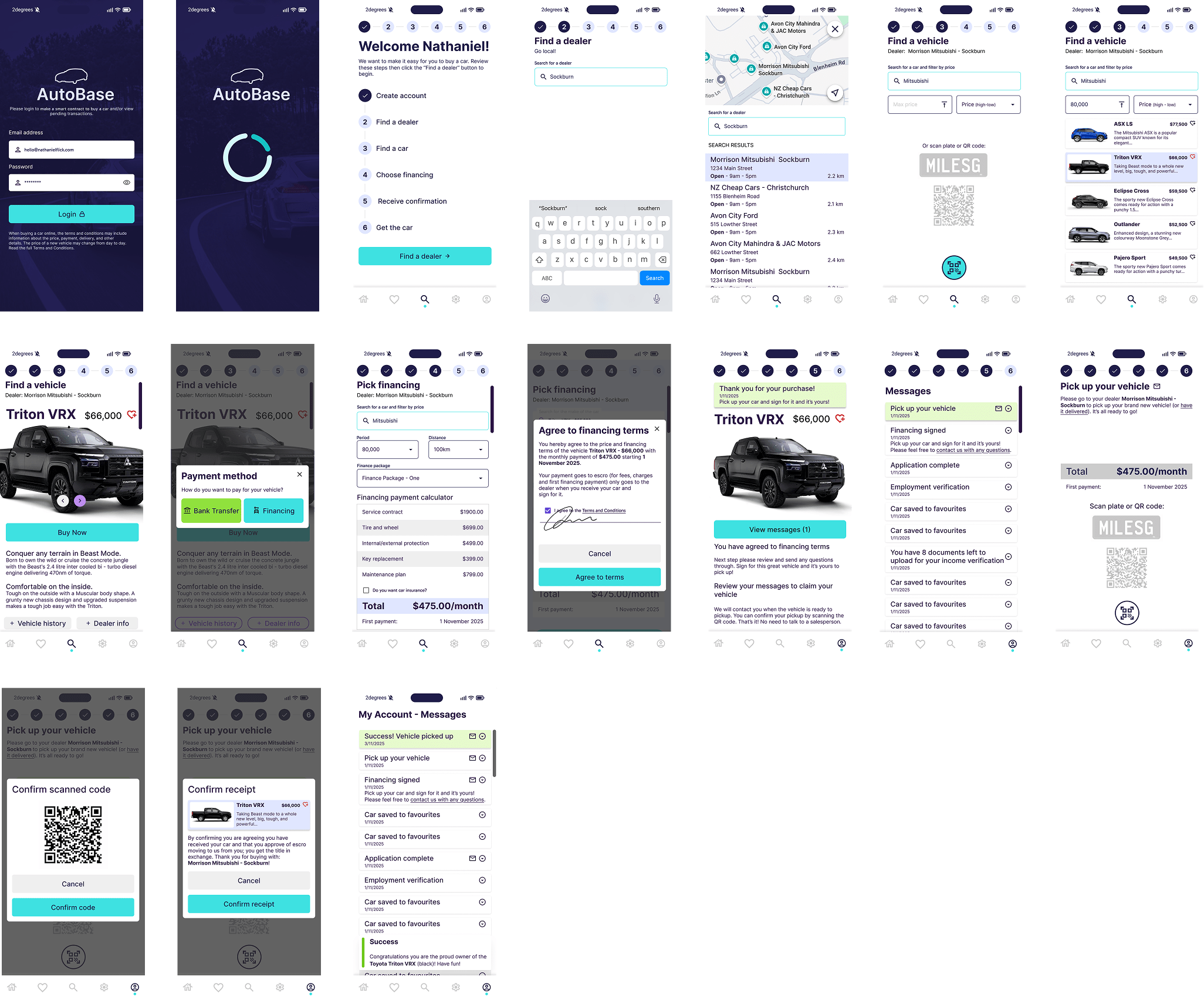 The AutoBase mobile app, all screens