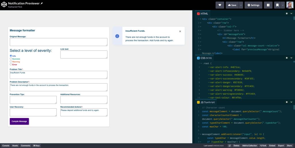 A codepen Notification Previewer which is a coded prototype to test notification messaging.