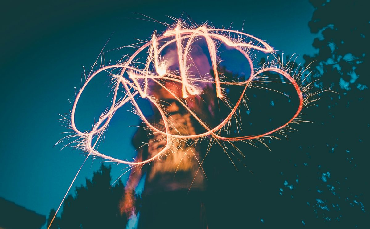 A night-time photo with a person twirling a sparkler in front of them in spirals and circles.
